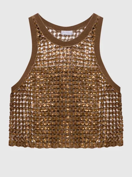 Ажурний топ із шовку та льону з паєтками Brunello Cucinelli коричневий