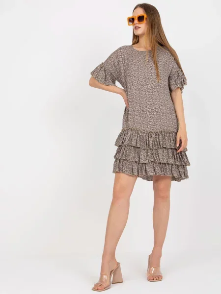 Rochie mini Fashionhunters cu volane cu mâneci scurte scurtă bej