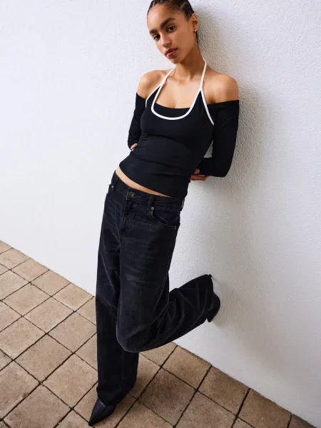 Bershka Koszulka Z Długim Rękawem I Dekoltem Halter Kobieta M czarny