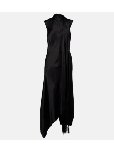 Rochie midi Acne Studios cu franjuri din satin până la genunchi negru