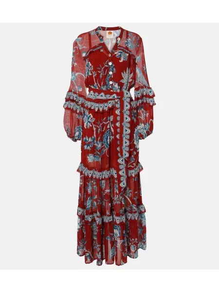 Sukienka maxi Farm Rio z falbankami w tropikalny nadruk garniturowa czerwona