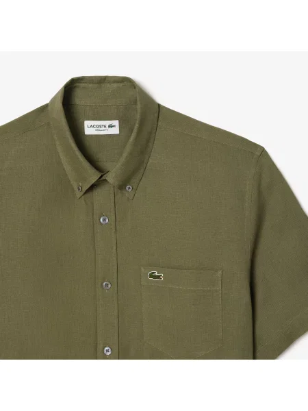 Lacoste Koszula O Regularnym Kroju Z Krótkim Rękawem I Lnianym Kołnierzykiem zielony