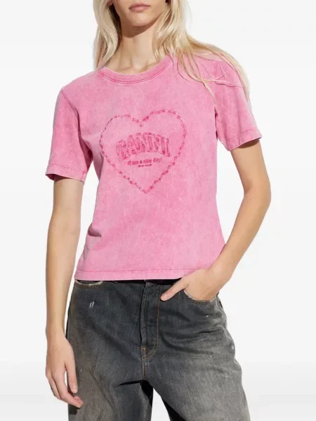 Tricou Ganni cu broderie cu motiv cu inimi roz