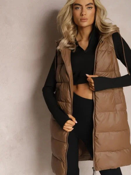 Vestă lungă matlasată cu dublu Wetessa maro