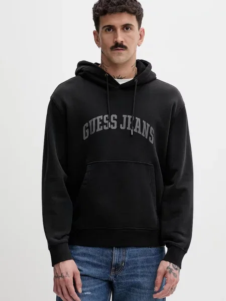 Guess Jeans pulover s kapuco bombažen črna