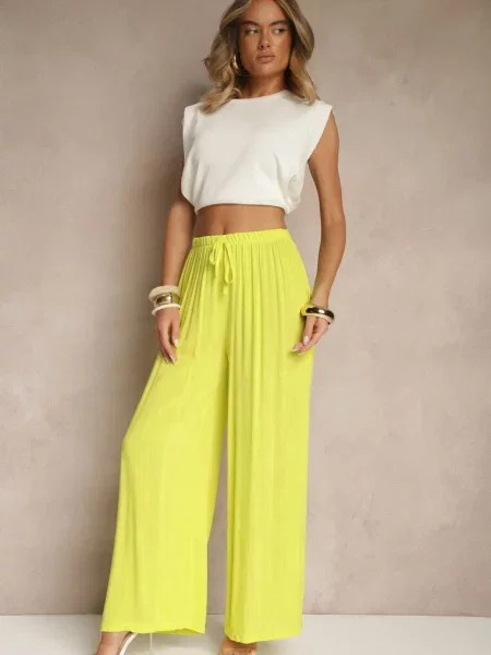 Szerokie Spodnie High Waist z Gumką w Talii Ilnena żółte