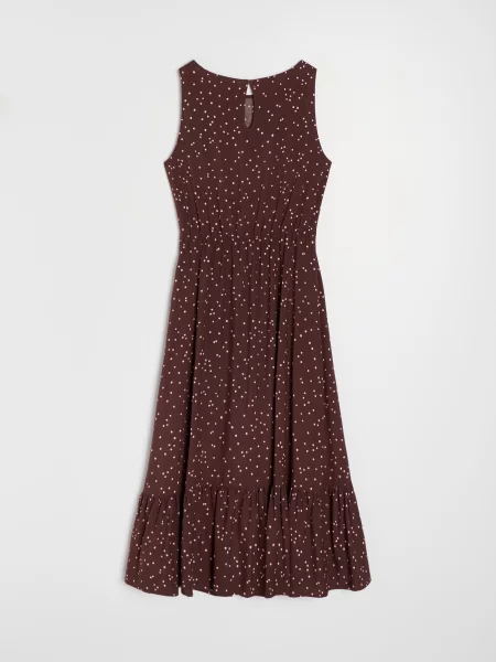 Міді сукня в горошок з воланом темно коричневий