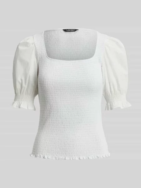 T-shirt z marszczeniem o kroju slim fit z czystej bawełny Lauren Ralph Lauren biała