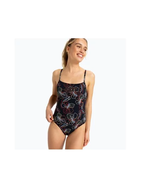 Злитий купальник ROXY Active Basic з принтом антрацитовий спортивний гібіскус чорний