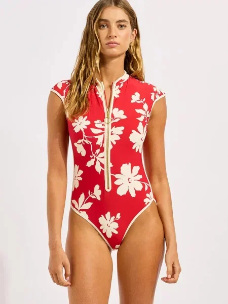 Seafolly jednodielne plavky dámske Cap Sleeve Zip Front červená