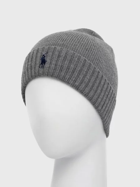 Вовняна шапка Polo Ralph Lauren з тонкого трикотажу вовна сірий
