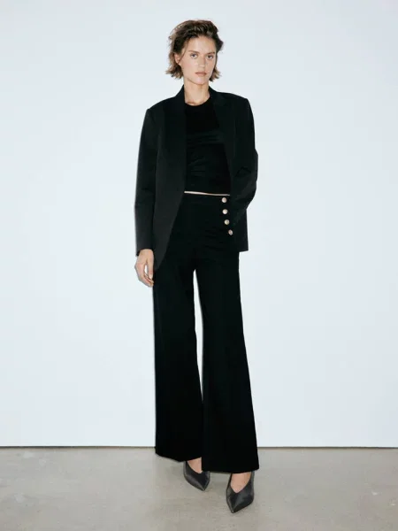 Jeansy wide leg z bocznymi black denim Kobieta 34 MANGO czarne