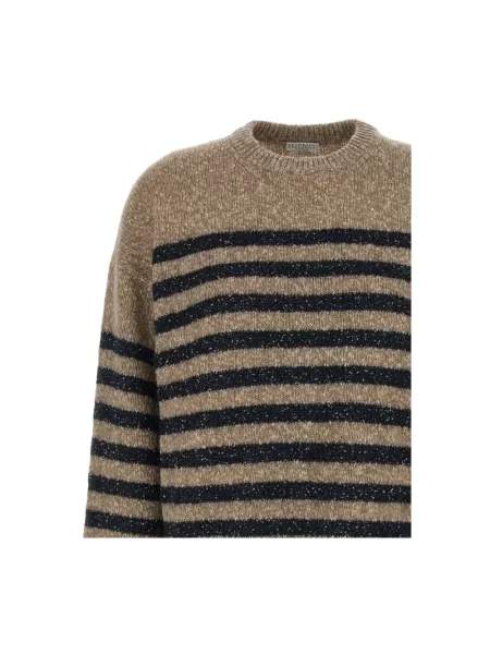 Sweter Brunello Cucinelli z cekinami w paski brązowy