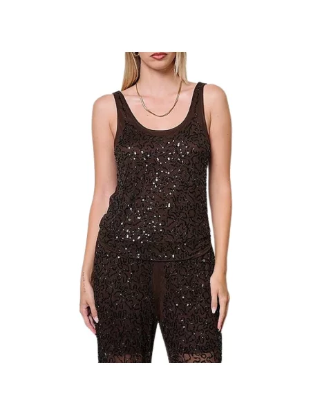 Top Kaos tiulowy z dekoltem w kształcie litery U brązowy