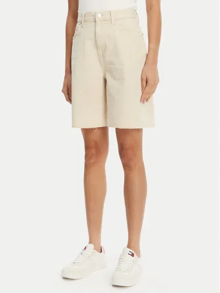 Tommy Jeans pantaloni scurți jeans uni high waist bej