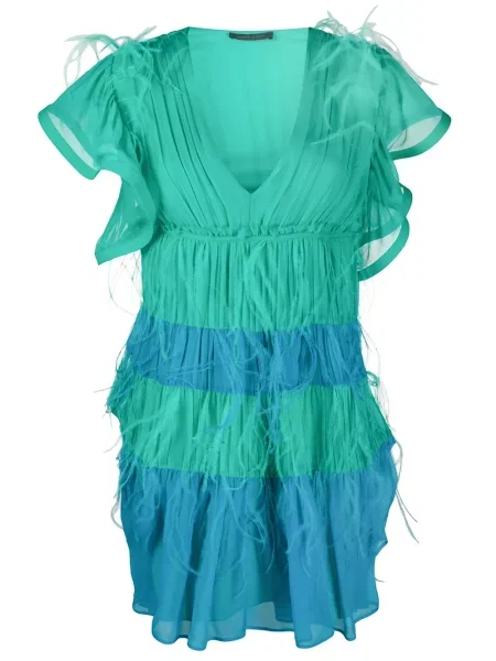 Rochie mini Alberta Ferretti cu pene scurtă de costum verde