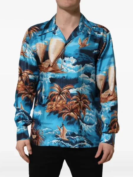 Jedwabna koszula Dolce And Gabbana z nadrukiem niebieska