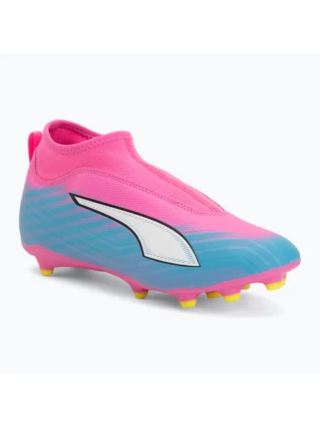 Încălțăminte de fotbal pentru copii PUMA Ultra 6 Match+ LL FG/AG Jr poison pink/puma white/sun stream/bright aqua/puma black alb