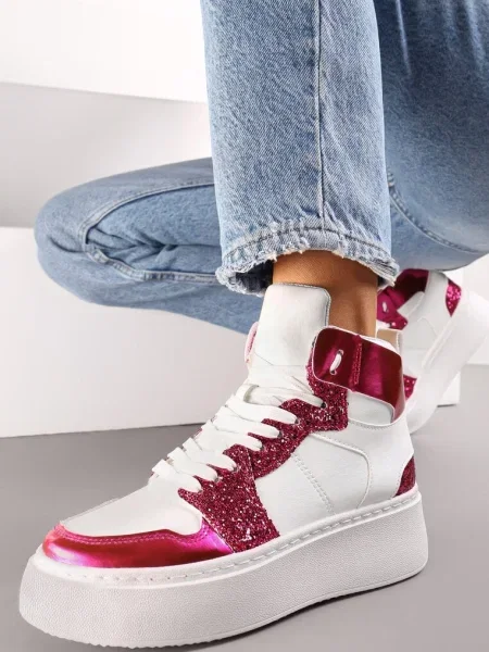 Sneakers Albi-Fucsia cu șireturi cu sclipici și inserții metalice Sareena alb