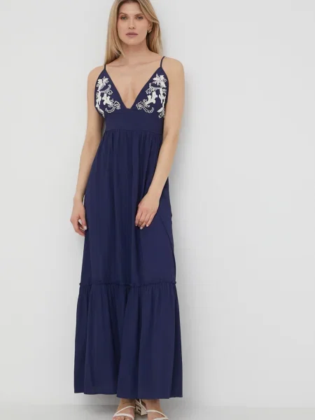 Beatrice B rochie din amestec de matase marin maxi evazati albastru