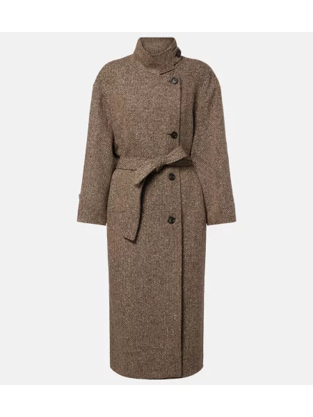 Cu centură palton Brunello Cucinelli de lână cu model herringbone negru