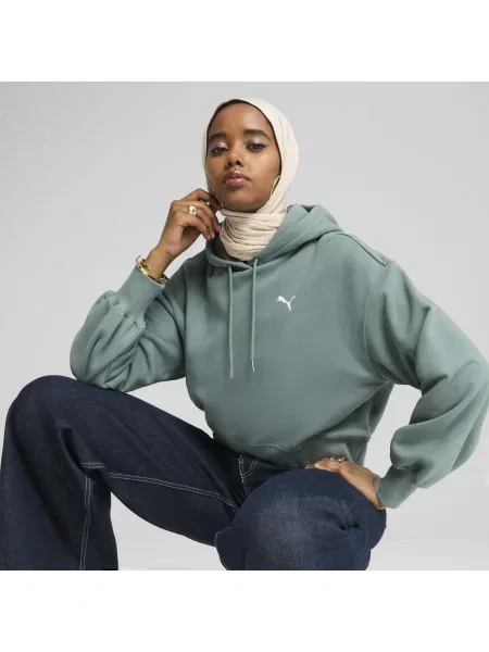 Bluza z kapturem WARDROBE ESS o luźnym skróconym kroju zielona