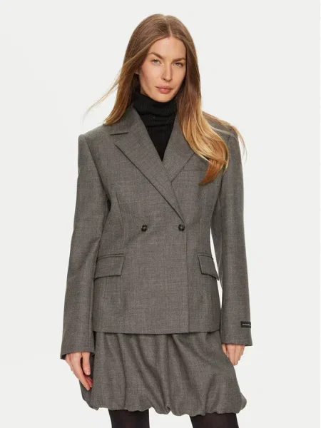 Вълнено сако Herskind Wasty с двуредно закопчаване с меланжов десен сиво