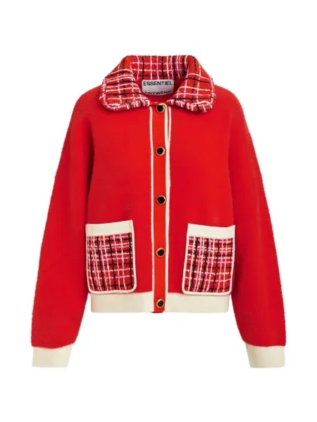 Gulerat cardigan Essentiel Antwerp din tweed roșu