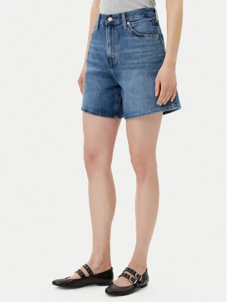 Дънков къс панталон Levi's HIGH BAGGY SHORT с изчистен дизайн с висока талия синьо