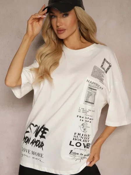 Koszulka z Elastycznej Bawełny Ozdobiona Napisami Trives biała