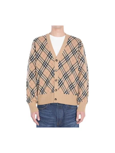 Kardigan Burberry w kratkę z dekoltem w serek beżowy