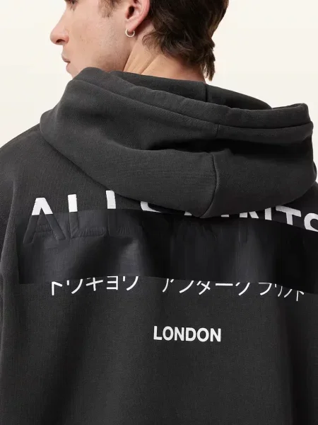 AllSaints hanorac din REDACT negru cu glugă cu imprimeu gri