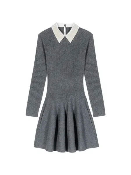 Sukienka mini Maje z koralikami garniturowa prążkowana szara