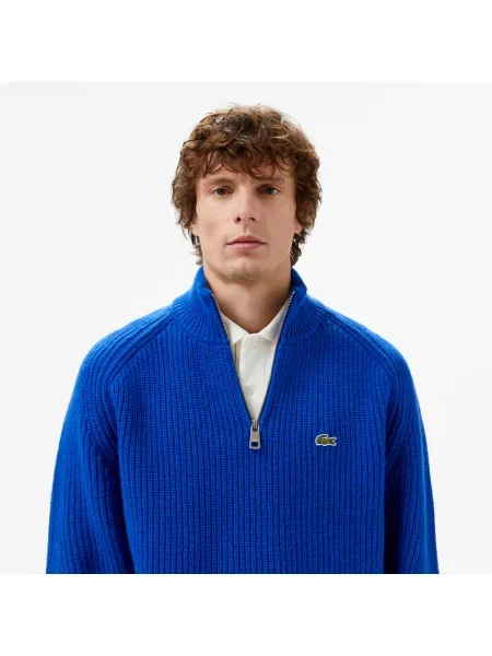 Lacoste Gruby Sweter Z Wełny Czesanej Z Zamkiem Pod Szyją granatowy