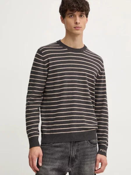 Пуловер с вълна Pepe Jeans NEW ANDRE STRIPES мъжки от лека материя сиво