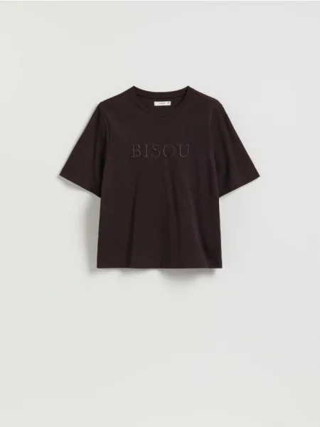 Reserved Tricou regular cu broderie maro-închis maro