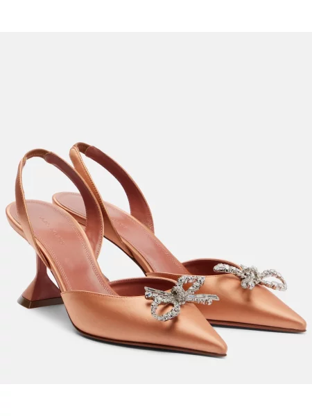 Pantofi cu toc Amina Muaddi din satin slingback bej