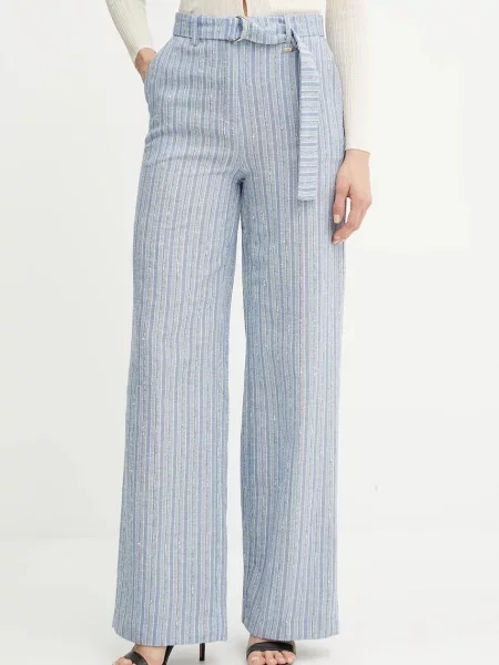 Fracomina pantaloni din amestec de in lat high waist albastru