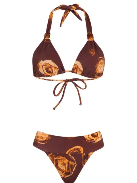 Bikini Brigitte w kwiatki z nadrukiem z dekoltem w serek brązowy