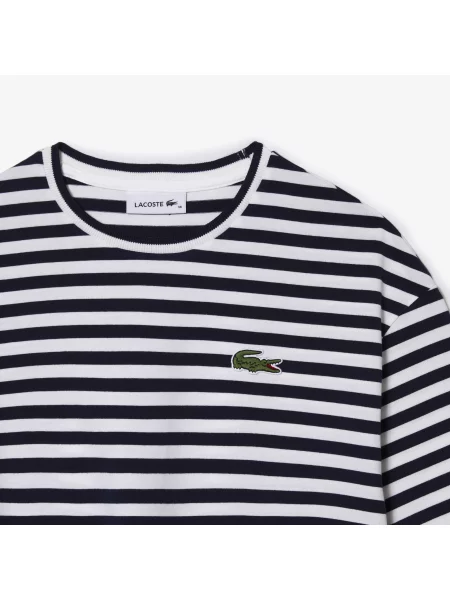 Lacoste Sukienka Z Okrągłym Dekoltem Z Krótkim Rękawem W Paski Relaxed Fit Kremowy czarna