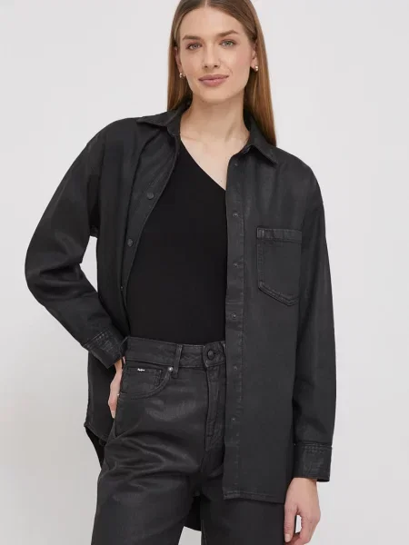 Риза Pepe Jeans ALIX COATED дамска със свободна кройка с класическа яка черно