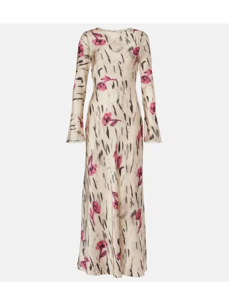 Rochie maxi Ganni din satin cu model floral de costum bej