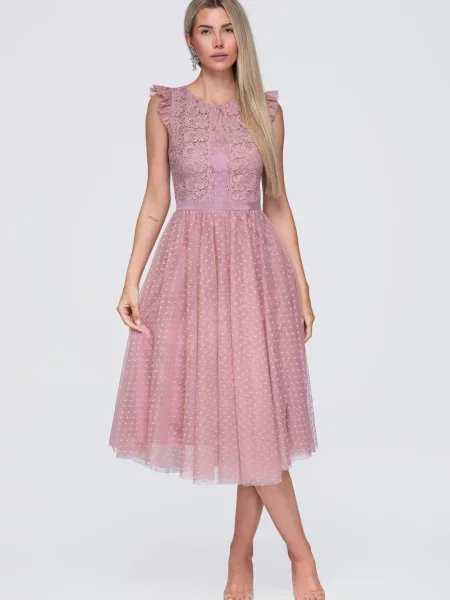 Rochie midi Edoti cu buline plasă de plasă roz