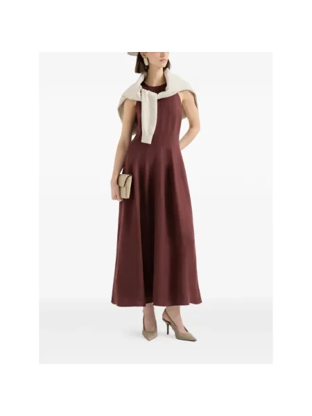 Lniana sukienka maxi Brunello Cucinelli bez rękawów brązowa