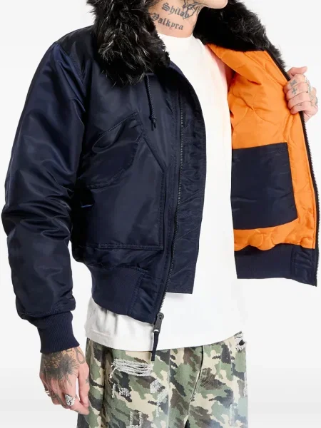 Geacă Alpha Industries cu glugă cu blană albastru