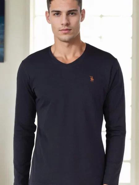 Długa koszulka Dewberry z dekoltem w serek z długim rękawem niebieska