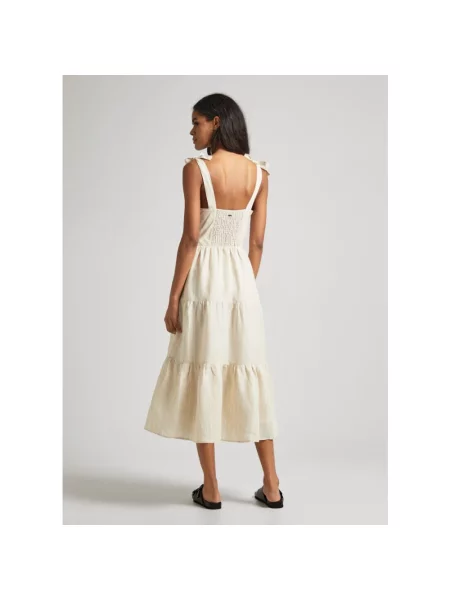 Sukienka jeansowa Pepe Jeans w paski koronkowa do kolan beżowa