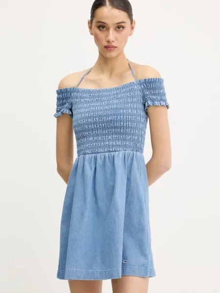 Tommy Jeans sukienka jeansowa mini rozkloszowana niebieski