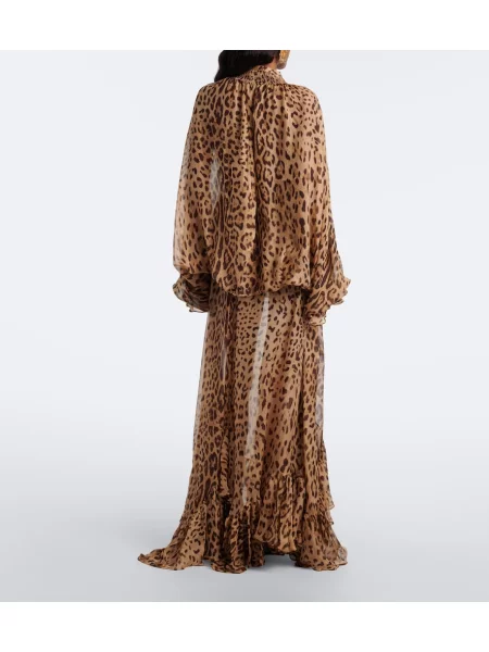 Fusta maxi Xu Zhi de mătase cu imagine cu model leopard maro