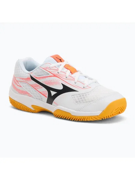 Gyermek teniszcipő Mizuno Break Shot 5 Jr CC fehér/calypso korall/citrus. Méret: 38 EU fehér